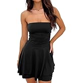 Fuimsul Women Sexy Ruched Strapless Tube Mini Dress Sleeveless Backless Tiered Layered Ruffle Hem A-Line Short Dress