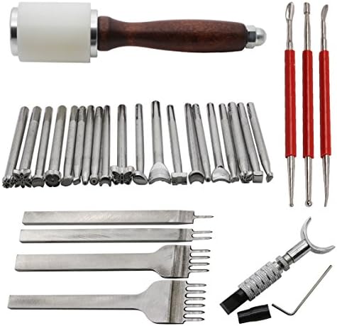 EVNSIX 20pcs Leather Carving Working Saddle Making Tools Set 4mm 1/2/4/6 Leather Prong Kit Hammer Swivel Knife Leather Craft Modelling Pen