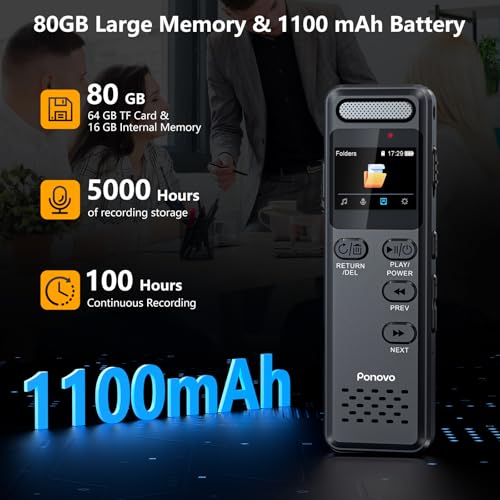 80GB Voice Recorder 100 Hours Continuous Recording, Ponovo Professional Voice Activation Recorder 1536Kbps with MIC, 1100mAh Mini Audio Recorder with Password for Interviews Meetings