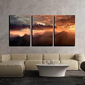 3 Piece Canvas Wall Art - Fiery Sunset Over The Mountain Peaks with Dramatic Cloud Formation - Modern Home Art Stretched and Framed Ready to Hang - 16"x24"x3 Panels