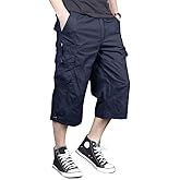 MAGNIVIT Men's Capri Long Elastic Cargo Shorts Below Knee Shorts 3/4 Cotton Cargo Casual Shorts with Multi-Pockets