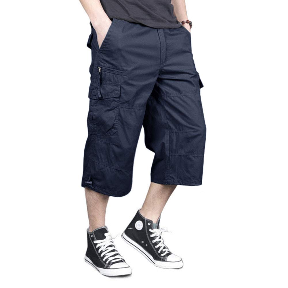 Photo 1 of MAGNIVIT Mens Capri Long Twill Elastic Cargo Shorts Below Knee 3/4 Cargo Shorts Cotton Relaxed Fit Casual Multi-Pocket Navy 36