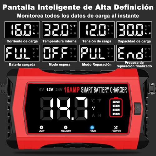 HTRC Car Battery Charger 16A 6V/12V/24V, Car Battery Charger with LCD Display Compatible with Boats, SUVs, Motorcycles and Lithium, LiFePO4, Lead-Acid Batteries (AGM, Gel, MF, EFB, SLA, Wet)