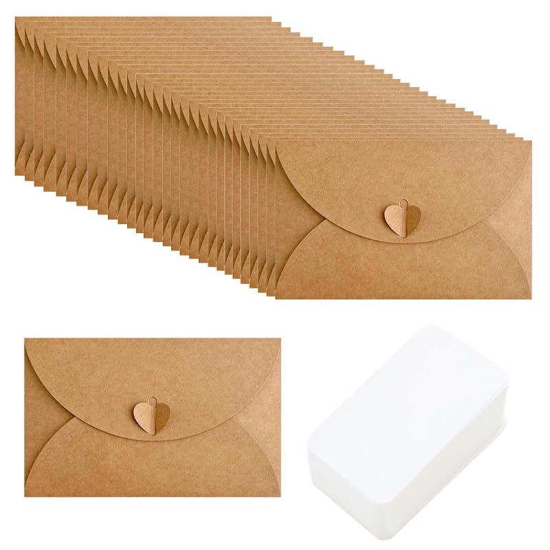 30 Pack Thank You Cards and Envelopes, Mini Kraft Paper Envelopes with Heart Closure for Gift Cards and DIY Notes