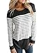 Vemvan Womens Long Sleeve Round Neck T Shirts Color Block Striped Casual Blouses Tops Black