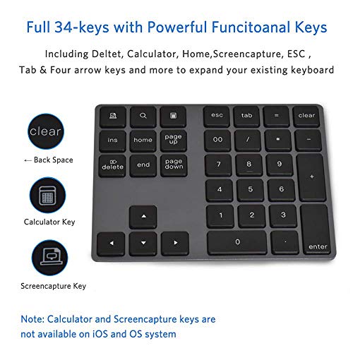 Bluetooth Numeric Keypad, Portable Wireless Bluetooth 34Key External
