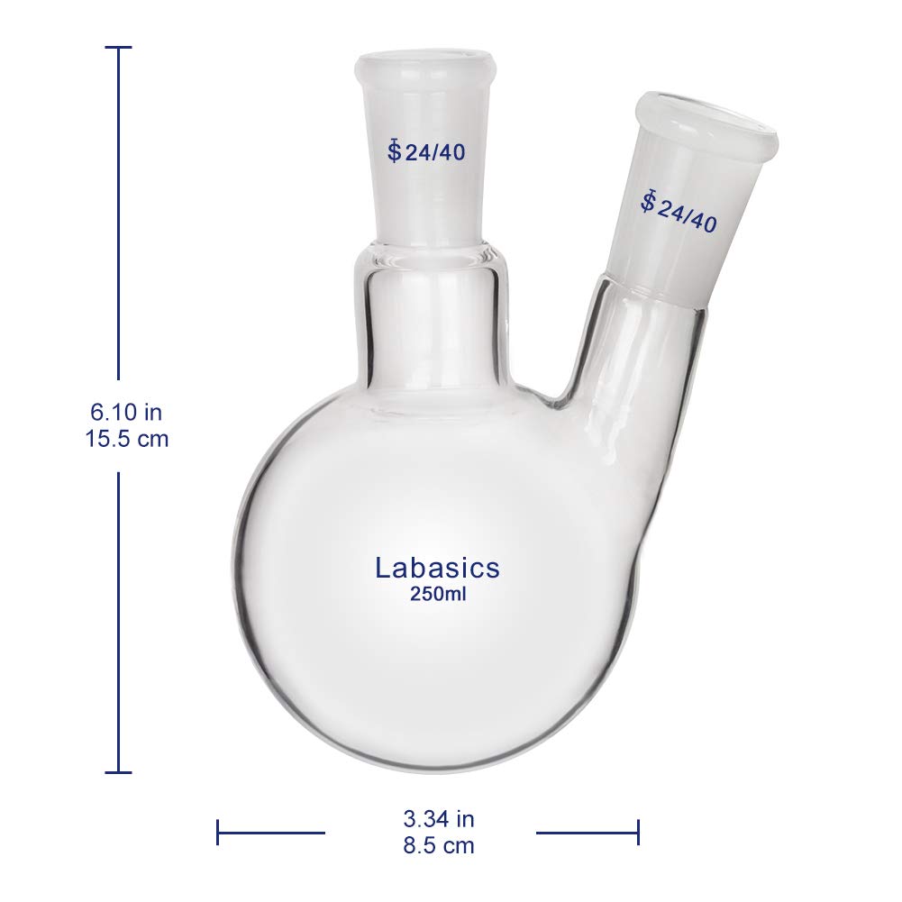 Labasics Glass 250ml 2 Neck Round Bottom Flask RBF, with 24/40 Center and Side Standard Taper Outer Joint, 250ml - Image 5