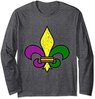 Unisex Mardi Gras Fleur De Lis Long Sleeve Shirt Distressed Look XL: Dark Heather