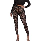 EeAmzQc Women's Sexy Floral Lace Pattern Capris Sheer Leggings Tights Leg Elastic High Waist Sheer Mesh Party Club Pants