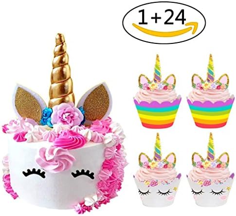 Vipe Unicorn Cupcake Toppers and Wrappers Double Sided Kids Party Cake Decorations Set of 24 +1 Unicorn Cake Topper, Birthday Party Supplies Baby Shower