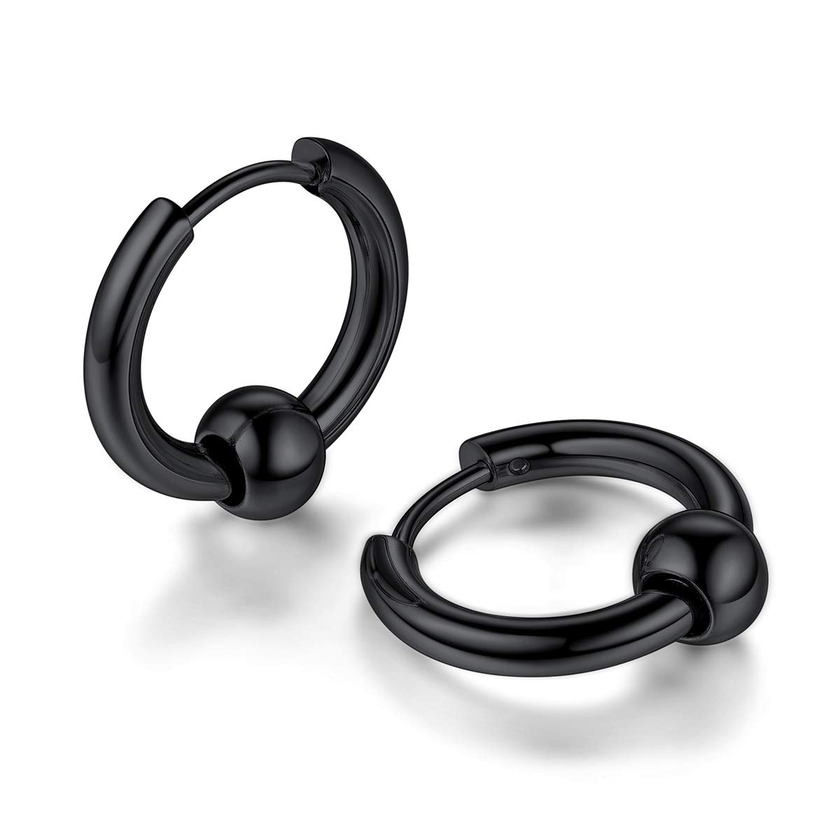 FOCALOOK Mens Black Hoop Earrings Stainless Steel Ball Hinged Hoops Piercing Huggie Earrings for Husband 17mm