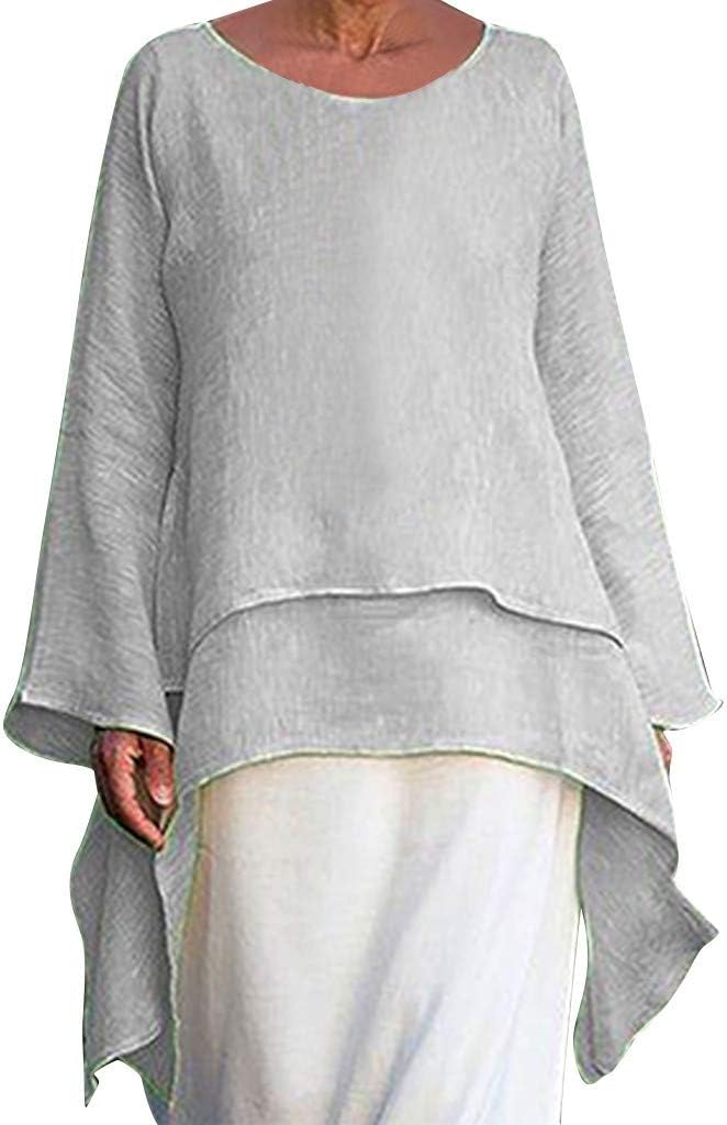 Janly Women Tops , Women Summer Plus Size Casual T-shirt Ladies Irregular Hem Linen Blouse Women's Long Sleeve Crew Neck Plain Brief Shirt Tee , Easter (XXXXXL, Gray)