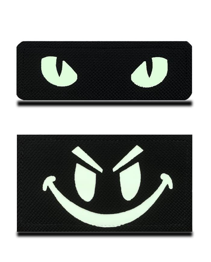 2 Pcs Reflective Funny Cat Eyes and Smile Face Patch Infrared IR Safety Morale Badge Tactical Military Uniform Fastener Emblem for Backpack Clothing Jacket Vest Dog Harness