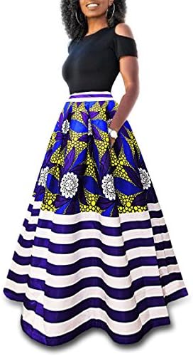 Playworld Women's Cold Shoulder Two Piece Floral Print Pockets Long Party Skirts Dress