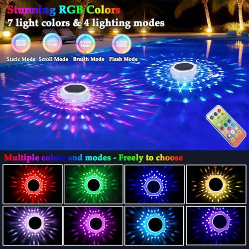 Dekofun Pack of 2 Pool Lighting, Underwater Solar, IP68 Waterproof LED Pool Light with Remote Control, RGB, Timer, 3 Modes, Floating Pool Lighting Lights for Whirlpool, Bath, Spa, Garden, Balcony