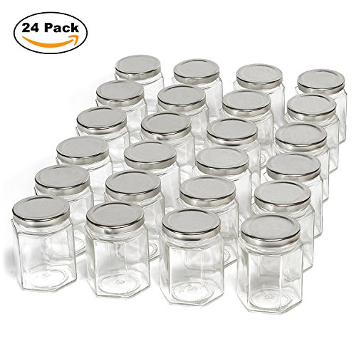 Hexagon Glass Jars by Nellam - 4oz, 24 Pack. Includes 48 Chalk Sticker Labels and 2x Chalk Pen. DIY Jars for Canning, Party Favors, Jams, Sauces, Herbs, Spices. (Silver Lid - 24 Pcs)
