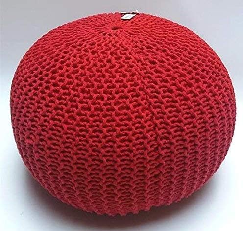 Millhouse Knitted Pouffe Footstool Bean Filled Cotton for Living Room or Bedroom (50cm, Red)