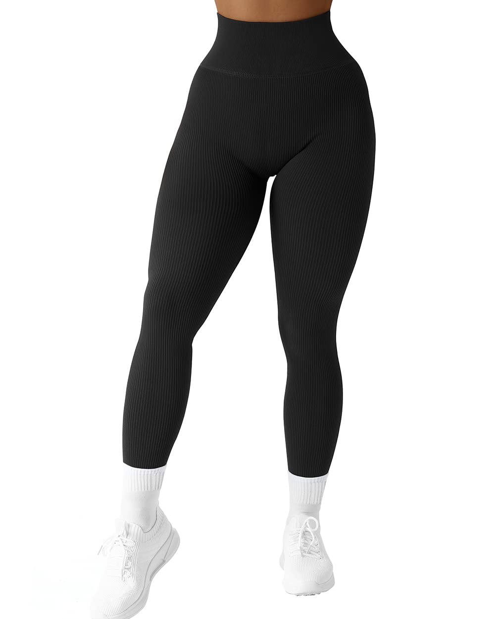Photo 1 of SUUKSESS Women Ribbed Seamless Leggings High Waisted Tummy Control Workout Yoga Pants (Black, XS)
