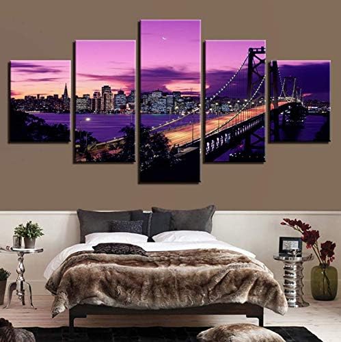 QThxqa Impresiones en lienzo Posters Decoración para el hogar arte de la pared Cuadros 5 unidades Purple Sunset San Francisco Puente Sala Marco