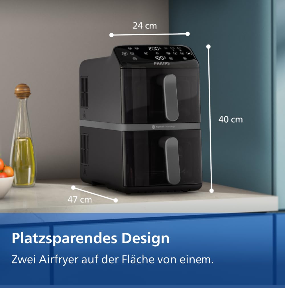 Philips Airfryer 4000 Series Stacked Dual Basket, Gestapelte Heißluftfritteuse 2 Kammern, 10L, RapidAir Technologie, 45% weniger Platzbedarf, PFAS-freie Keramikbeschichtung, Sichtfenster (NA460/00) 6