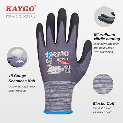 KAYGO Safety Work Gloves MicroFoam Nitrile Coated12 Pairs, KG18NB,Seamless Knit Nylon Glove