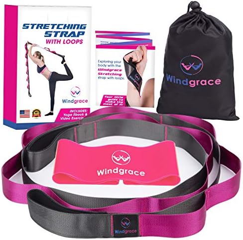 Windgrace Premium Stretching Strap | Quality Stretch Out Strap with 12 Loops - eBook, Resistance Loop Band and Carry Bag - Physical Therapy, Yoga, Pilates, Yoga Stretch Strap