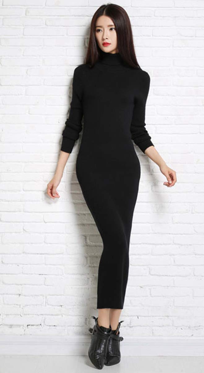 Dresses Women\'s Maxi Dress Turtleneck Cashmere ankle length dress Long Sleeve Slim Fit Stretchable Elasticity (One Size, 1325 Black)