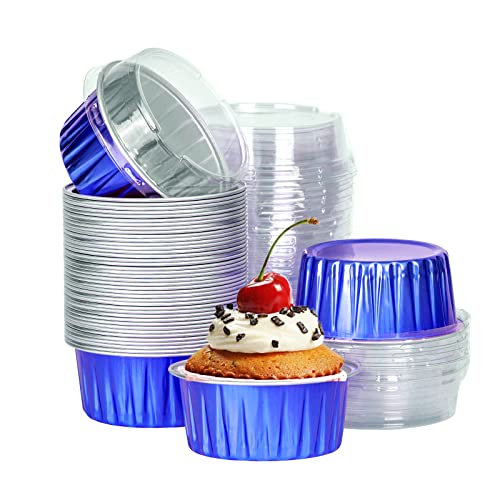 Blue 50pcs Aluminum Foil Baking Cups with Lids ，125ml Aluminum Foil