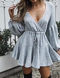 Relipop - Vestido de mujer con cuello en V profundo con borde de hoja de loto, cintura atada, sexy, mini vestidos cortos