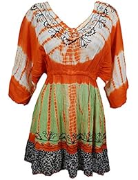 Womens Boho Cover up Embroidered Tie Dye Beach Mini Sundress S/M/L
