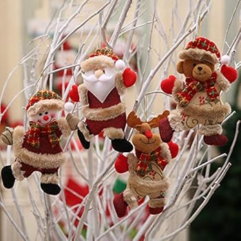 4pc Christmas Plush Ornaments Set, Christmas Tree Pendant Plush Hanging Decoration Santa Claus Snowman Tree Reindeer Toy Doll Hang Decorations, Xmas Ornaments Holiday Party Decor (Multicolor)