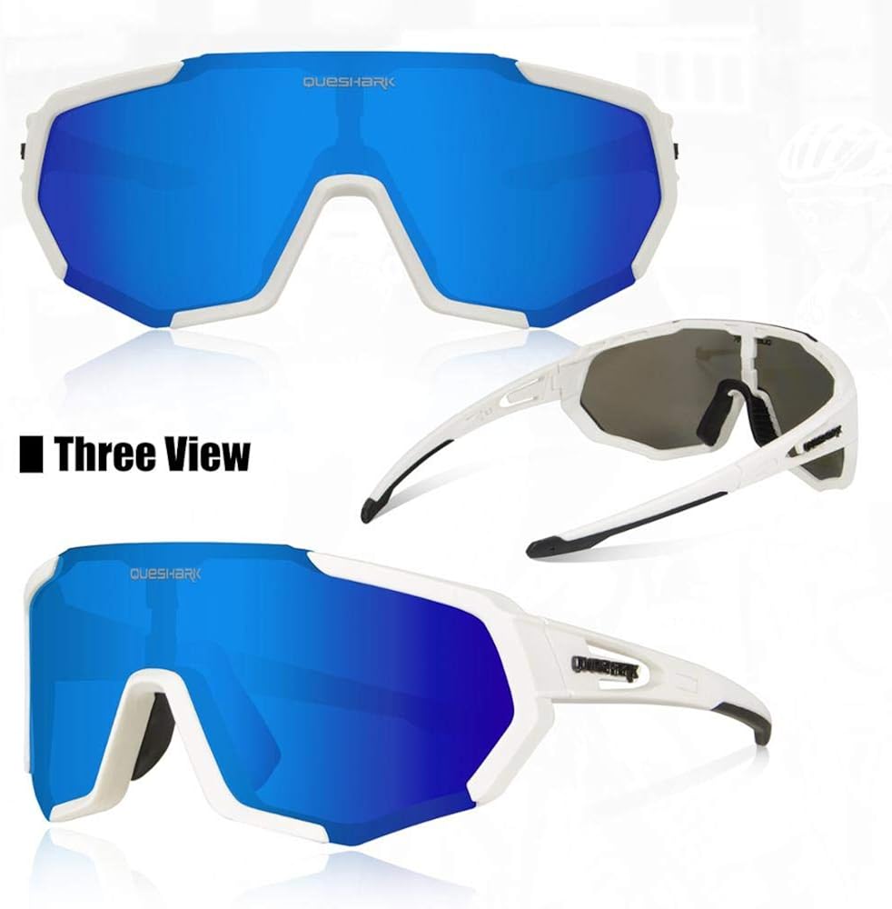 Queshark Cycling Glasses, Sports Sunglasses, Polarized Cycling Glasses with 3 Interchangeable Lenses, White - Image 3