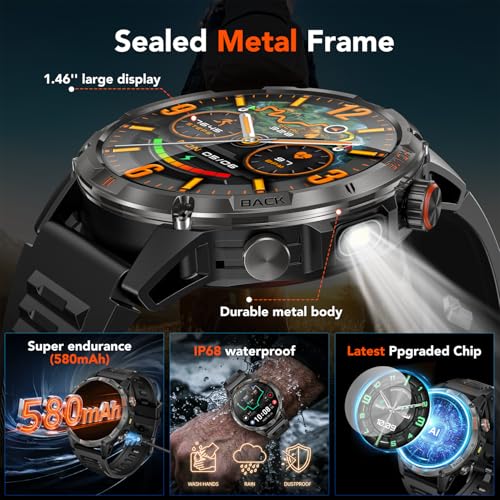GPS Smartwatch Men's Watch with Calls: 1.46 Inches Large Round Screen Military Smart Watch Fitness Sport Compass Flashlight Heart Rate Monitor Pressure Sleep Waterproof Health Watches for Android iOS