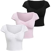SOLY HUX Women's 3 Piece T Shirt Sweetheart Neck Cap Sleeve Ruched Slim Fitted Tee Summer Going Out Crop Tops