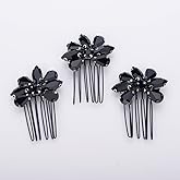 Teyglen Simple Rhinestones Crystal Bride Wedding Hair Comb Set Handmade Red Blue Black Crystal Side Hair Combs Bridal Hair Jewelry Set for Women Bride Girls (Black)