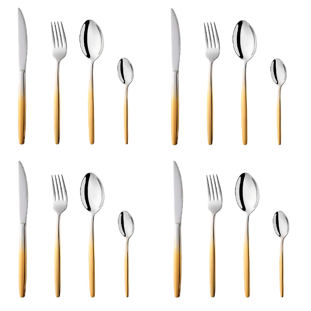 Bisda Stainless Steel Gold Coloured Handle Flatware Cutlery Set 16 Piece Eco-Friendly Silverware Tableware Set Service for 4, Spoon Fork Knives Set for Party Outdooor Camping Travel, Dishwasher Safe