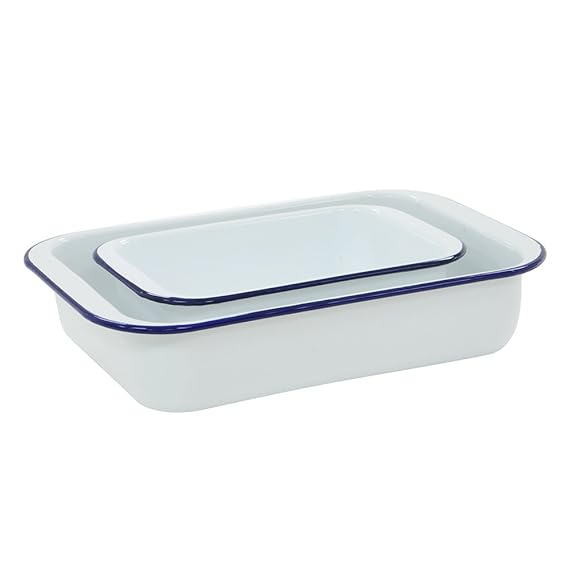 ProCook traditionelle Brat- und Auflaufform, Ofenform, Emaille, weiß, blau, 2-teiliges Set