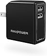 USB Wall Charger RAVPower 24W 4.8A Dual 2.4A Output Portable USB Charger with iSmart Technology, Foldable Plug and LED indicator - Black