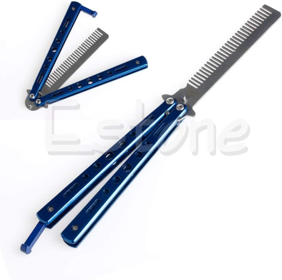 AZSNOW New Blue Steel Metal Practice BALISONG Butterfly Trainer Knife Comb with Sheath D14