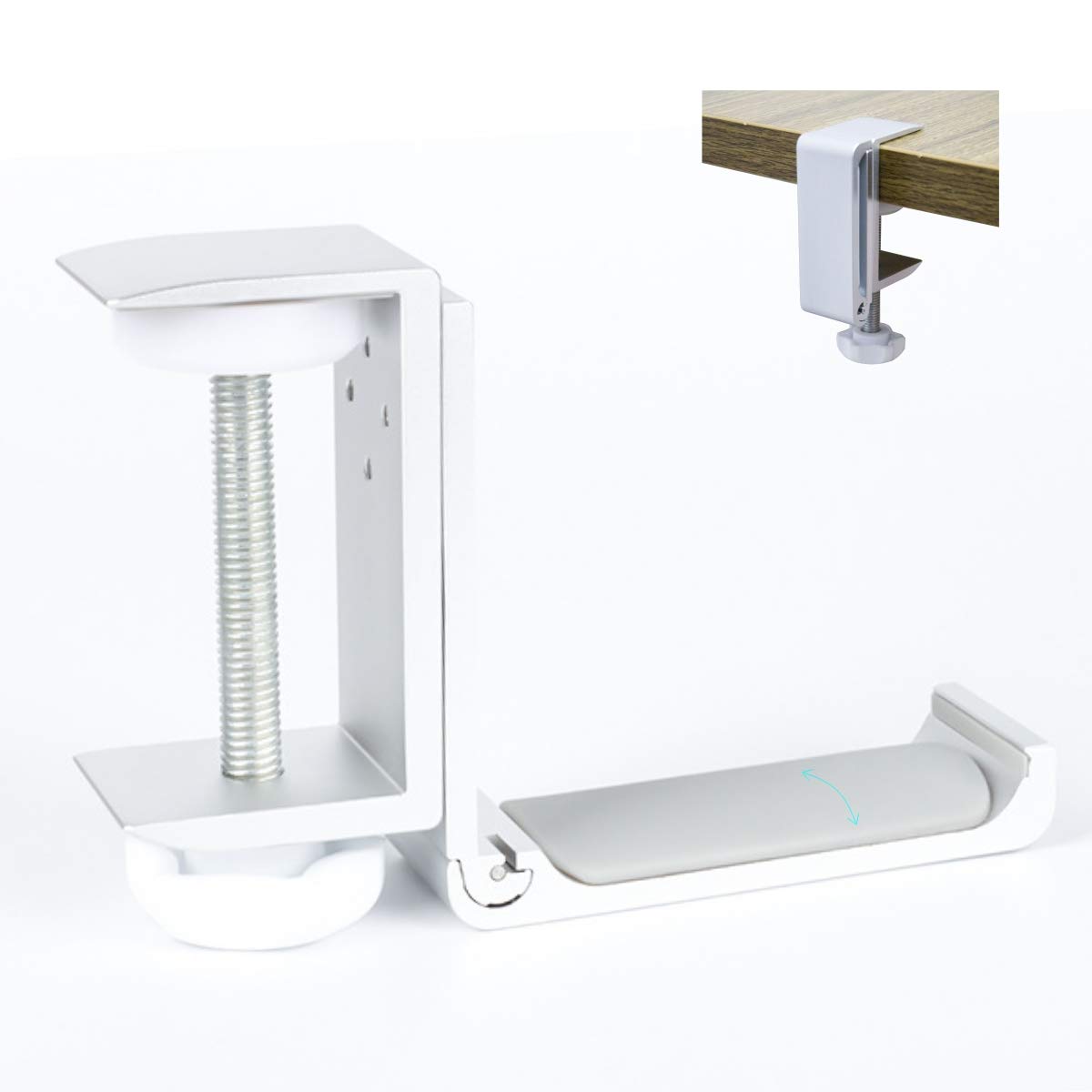 Headphone Hanger Foldable Clamp On Under Desk Headsets Holder Stand Mount Hook Fit For Large DJ Headphones Headband Bag Backpack width up to 2.5” 40 lb With Rubber Pad(Fold Silver)