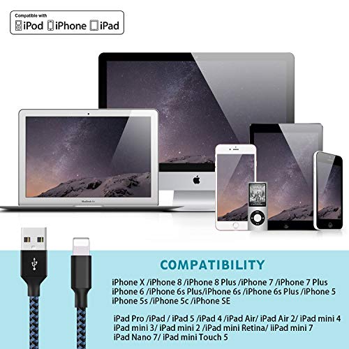 Vanzon Phone Cable 5Pack (2x3FT 2x6FT 10FT) to USB Syncing Data and Nylon Braided Cord Charger Charging Cable Compatible Phone XS MAX, XR, X, 8, 7, 7 Plus, 6, 6s, 6 Plus, 5, 5c, 5s, SE-Blue - Thumbnail 4