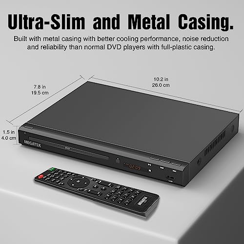 MEGATEK Region-Free HDMI DVD Player for TV, Compact CD/DVD Player with USB Port, Plays All Region DVDs & Multi Formats, Metal Housing, HDMI/RCA Cables & Remote Included