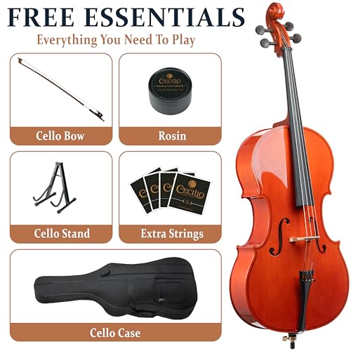 Cecilio 4/4 Full Size Cello, Beginner Cello 4/4, Acoustic Cello Set with Portable Bag, Bow, Rosin, Stand, String Musical Instruments for School Orchestras, Performances