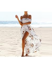 Taiduosheng - Maxi vestido de gasa con estampado floral y hombros descubiertos para mujer