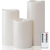 Amagic 3 Pack 4"x 6"8" 10" Outdoor Plastic Electric flameless Candles with Remote Control and Timer, Battery Operated Flickering LED Pillar Fake Candle for Home, Wedding Decor, Ivory
