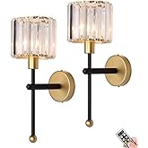 SADOVC Modern Glass Crystal Wall Sconces Battery Operated Set of 2, Gold Rechargeable Wall Lights with Remote,Non Hardwired C