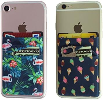[2PACK] Cell Phone Card Wallet - Double Secure Stretchy Cell Phone Stick On Pocket Card Holder Sleeves For All Smartphones by WuoJi (Ice Cream &amp; Flamingo)
