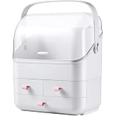 LINFIDITE Cosmetic Storage Box with Lid Makeup Organizer Box with Dust Free Cover Portable Handle,Large Makeup Display Case w
