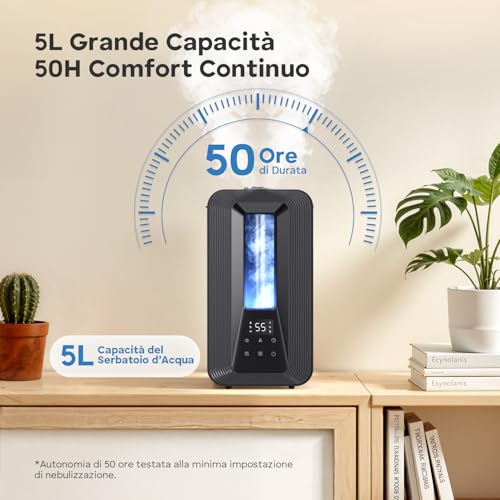 5L Umidificatore Ambiente, Nebbia Fresca Ricarica Dall'Alto Umidificatore Ultrasonico con Diffusore Aromi, Igrostato Smart, Luce Ambientale, 50h/25dB Silenzioso per Casa ufficio Bambini Piante