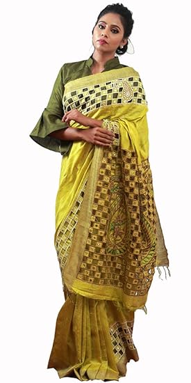 Womens Tussar Silk Mirror Work Cutwork Saree with Blouse Piece (Fuchsia Green)